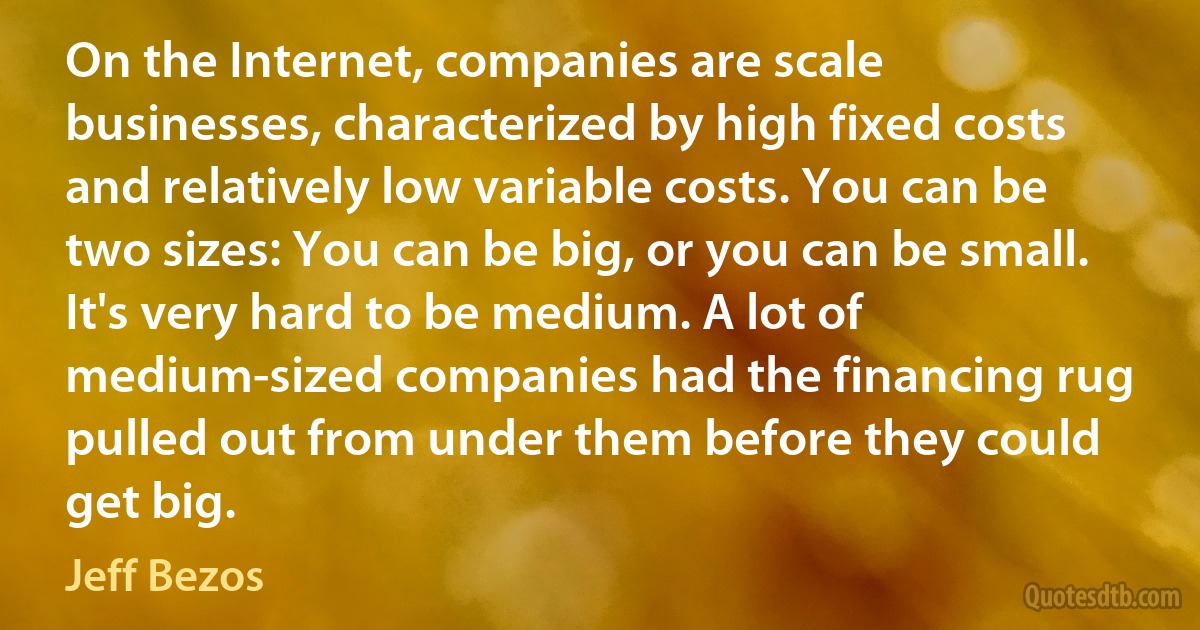 On the Internet, companies are scale businesses, characterized by high fixed costs and relatively low variable costs. You can be two sizes: You can be big, or you can be small. It's very hard to be medium. A lot of medium-sized companies had the financing rug pulled out from under them before they could get big. (Jeff Bezos)