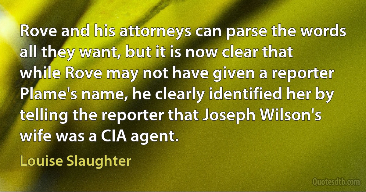 Rove and his attorneys can parse the words all they want, but it is now clear that while Rove may not have given a reporter Plame's name, he clearly identified her by telling the reporter that Joseph Wilson's wife was a CIA agent. (Louise Slaughter)