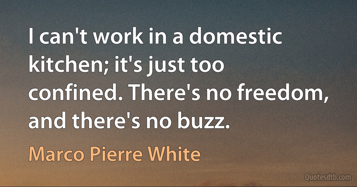 I can't work in a domestic kitchen; it's just too confined. There's no freedom, and there's no buzz. (Marco Pierre White)