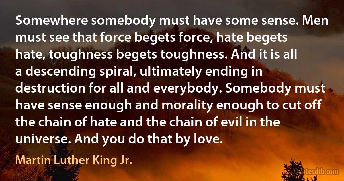 Somewhere somebody must have some sense. Men must see that force begets force, hate begets hate, toughness begets toughness. And it is all a descending spiral, ultimately ending in destruction for all and everybody. Somebody must have sense enough and morality enough to cut off the chain of hate and the chain of evil in the universe. And you do that by love. (Martin Luther King Jr.)