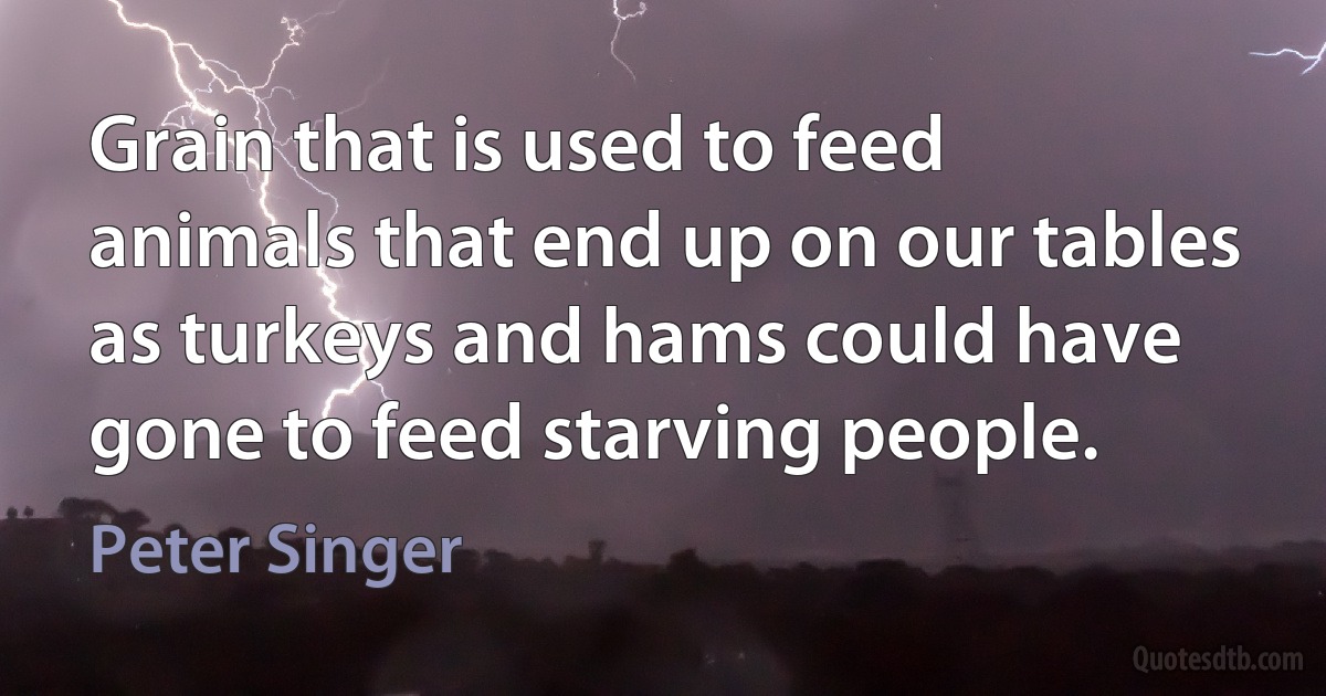 Grain that is used to feed animals that end up on our tables as turkeys and hams could have gone to feed starving people. (Peter Singer)