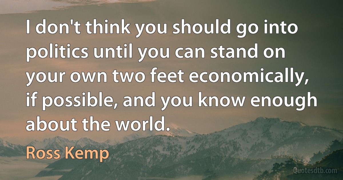 I don't think you should go into politics until you can stand on your own two feet economically, if possible, and you know enough about the world. (Ross Kemp)