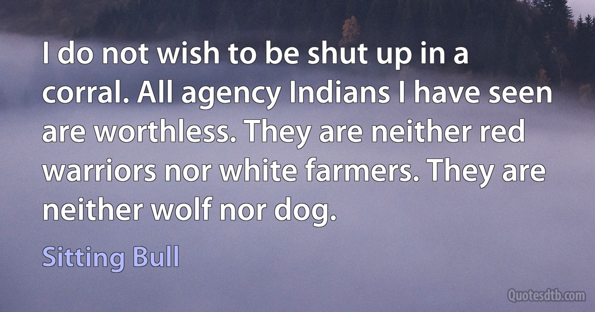 I do not wish to be shut up in a corral. All agency Indians I have seen are worthless. They are neither red warriors nor white farmers. They are neither wolf nor dog. (Sitting Bull)