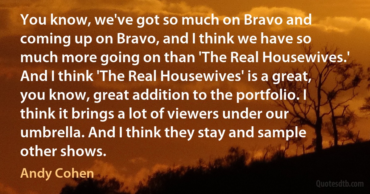 You know, we've got so much on Bravo and coming up on Bravo, and I think we have so much more going on than 'The Real Housewives.' And I think 'The Real Housewives' is a great, you know, great addition to the portfolio. I think it brings a lot of viewers under our umbrella. And I think they stay and sample other shows. (Andy Cohen)