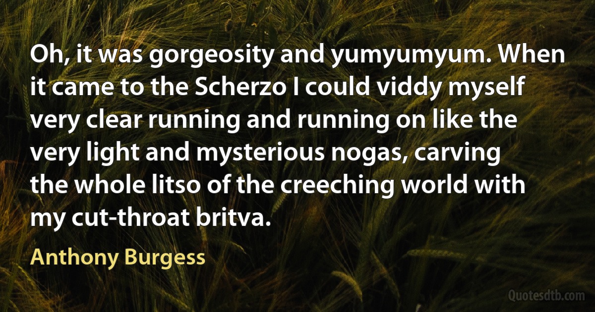 Oh, it was gorgeosity and yumyumyum. When it came to the Scherzo I could viddy myself very clear running and running on like the very light and mysterious nogas, carving the whole litso of the creeching world with my cut-throat britva. (Anthony Burgess)