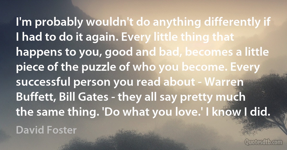 I'm probably wouldn't do anything differently if I had to do it again. Every little thing that happens to you, good and bad, becomes a little piece of the puzzle of who you become. Every successful person you read about - Warren Buffett, Bill Gates - they all say pretty much the same thing. 'Do what you love.' I know I did. (David Foster)