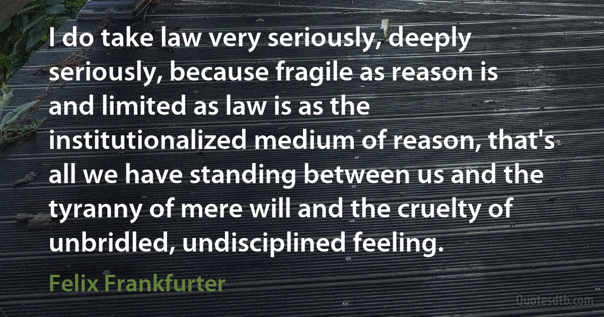 I do take law very seriously, deeply seriously, because fragile as reason is and limited as law is as the institutionalized medium of reason, that's all we have standing between us and the tyranny of mere will and the cruelty of unbridled, undisciplined feeling. (Felix Frankfurter)