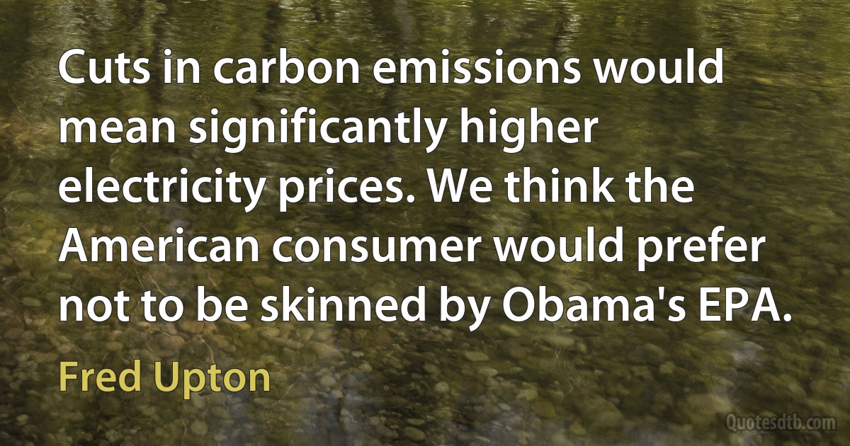 Cuts in carbon emissions would mean significantly higher electricity prices. We think the American consumer would prefer not to be skinned by Obama's EPA. (Fred Upton)