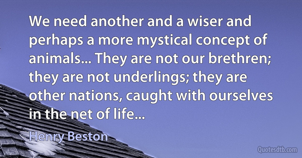 We need another and a wiser and perhaps a more mystical concept of animals... They are not our brethren; they are not underlings; they are other nations, caught with ourselves in the net of life... (Henry Beston)