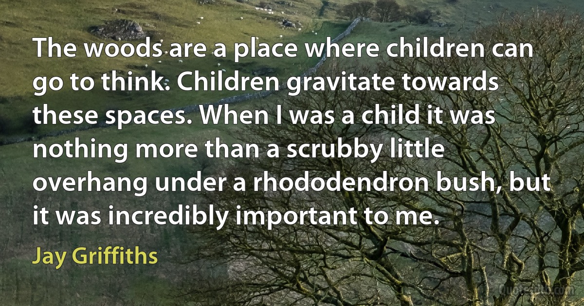 The woods are a place where children can go to think. Children gravitate towards these spaces. When I was a child it was nothing more than a scrubby little overhang under a rhododendron bush, but it was incredibly important to me. (Jay Griffiths)