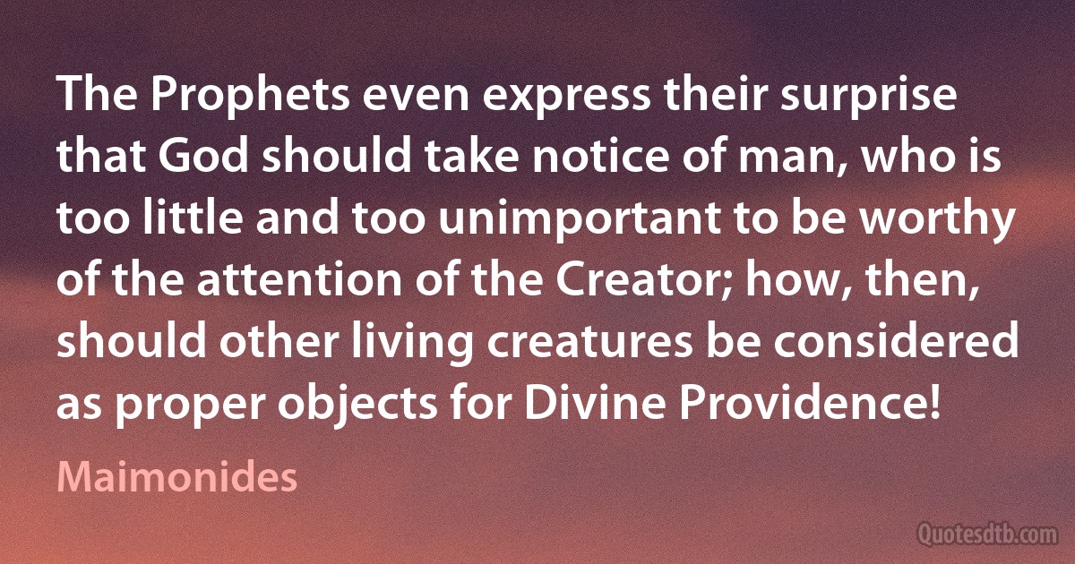 The Prophets even express their surprise that God should take notice of man, who is too little and too unimportant to be worthy of the attention of the Creator; how, then, should other living creatures be considered as proper objects for Divine Providence! (Maimonides)