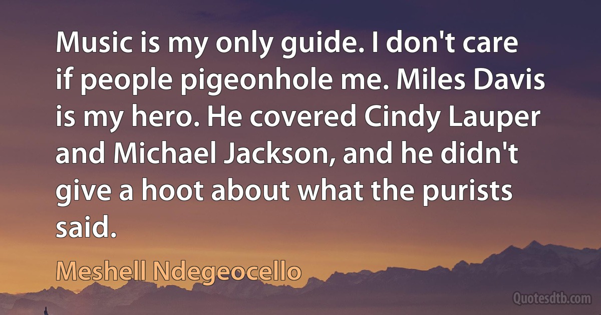 Music is my only guide. I don't care if people pigeonhole me. Miles Davis is my hero. He covered Cindy Lauper and Michael Jackson, and he didn't give a hoot about what the purists said. (Meshell Ndegeocello)