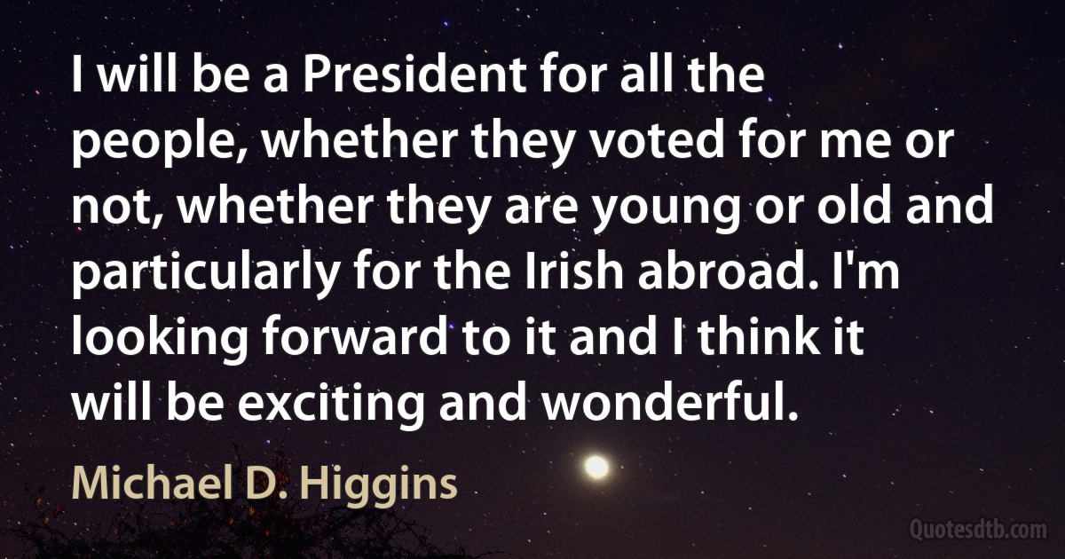 I will be a President for all the people, whether they voted for me or not, whether they are young or old and particularly for the Irish abroad. I'm looking forward to it and I think it will be exciting and wonderful. (Michael D. Higgins)