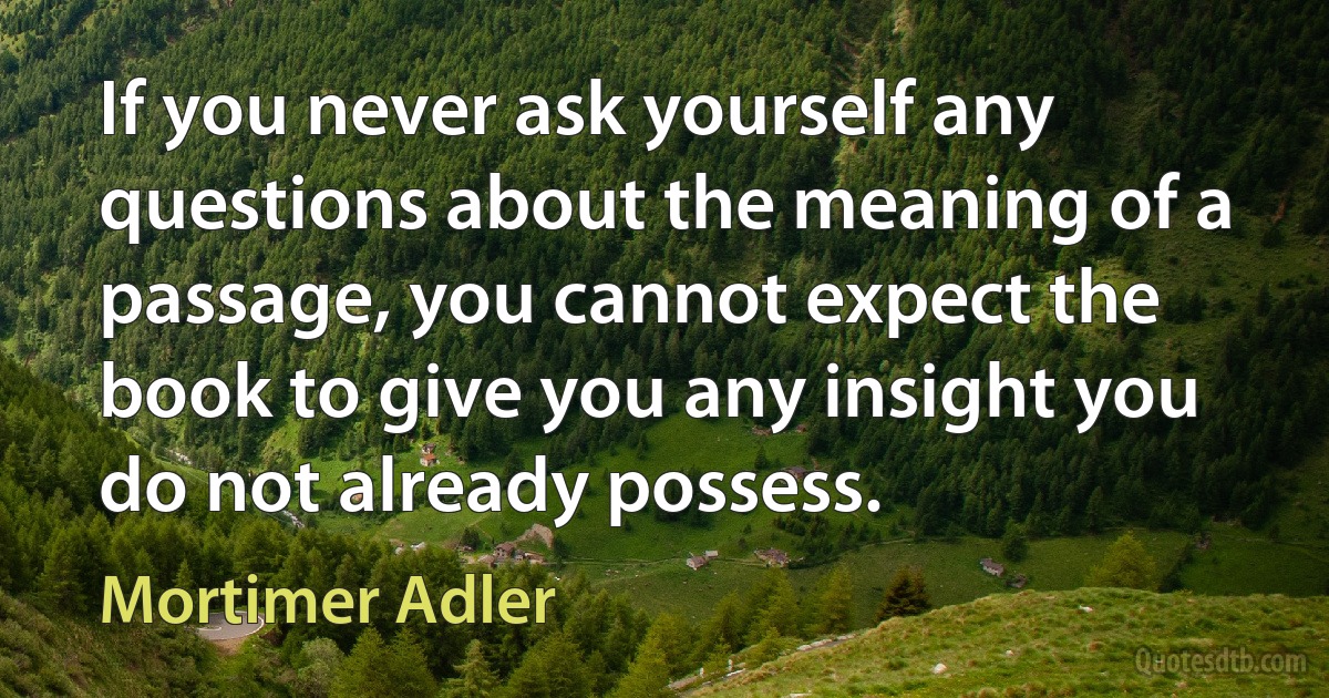 If you never ask yourself any questions about the meaning of a passage, you cannot expect the book to give you any insight you do not already possess. (Mortimer Adler)