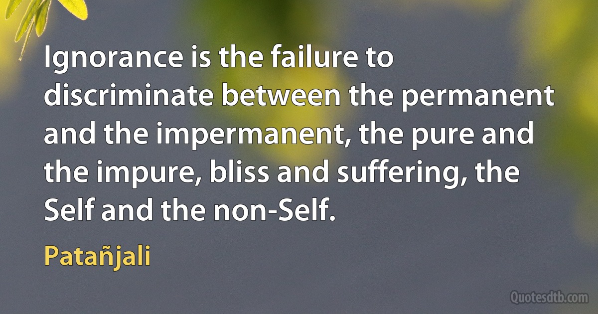 Ignorance is the failure to discriminate between the permanent and the impermanent, the pure and the impure, bliss and suffering, the Self and the non-Self. (Patañjali)