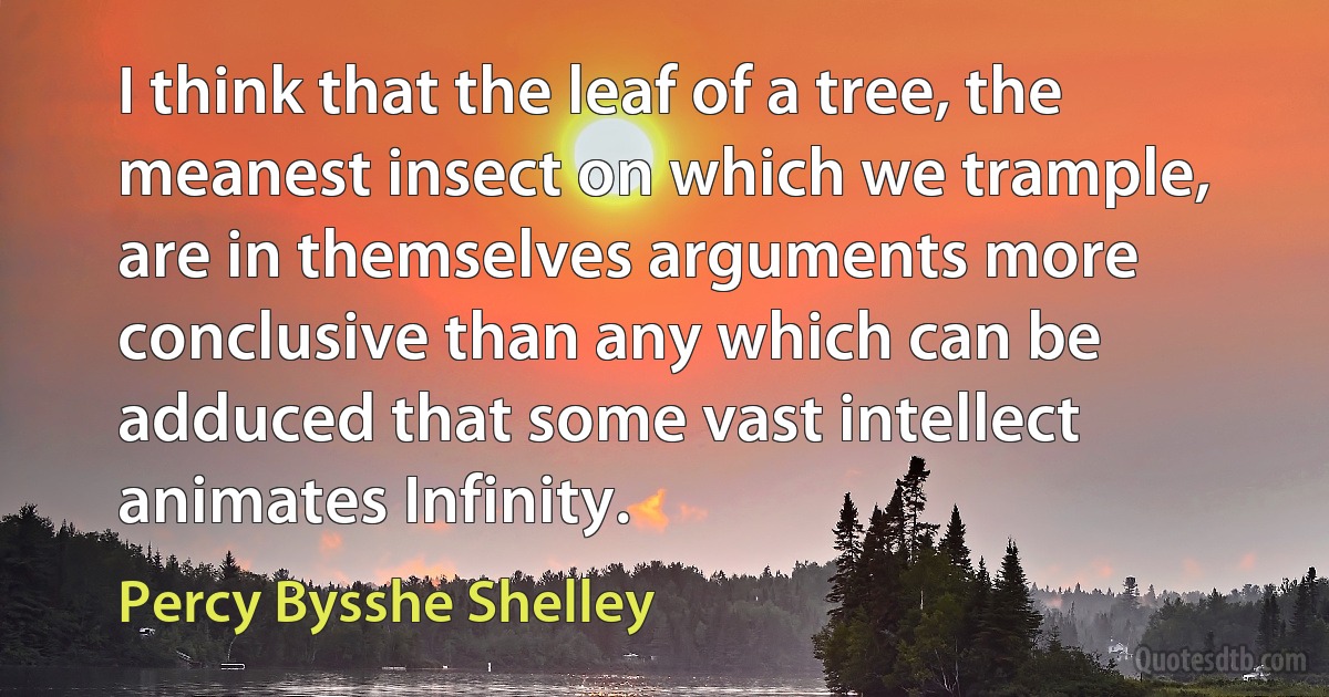 I think that the leaf of a tree, the meanest insect on which we trample, are in themselves arguments more conclusive than any which can be adduced that some vast intellect animates Infinity. (Percy Bysshe Shelley)