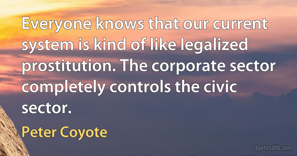 Everyone knows that our current system is kind of like legalized prostitution. The corporate sector completely controls the civic sector. (Peter Coyote)