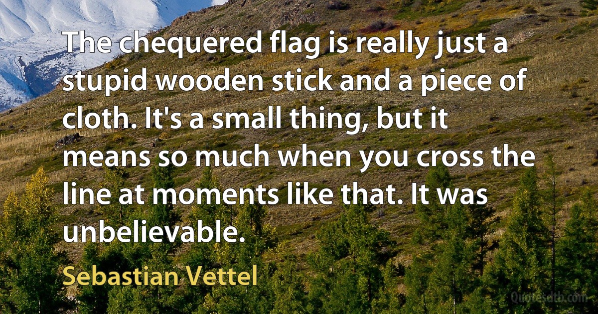 The chequered flag is really just a stupid wooden stick and a piece of cloth. It's a small thing, but it means so much when you cross the line at moments like that. It was unbelievable. (Sebastian Vettel)