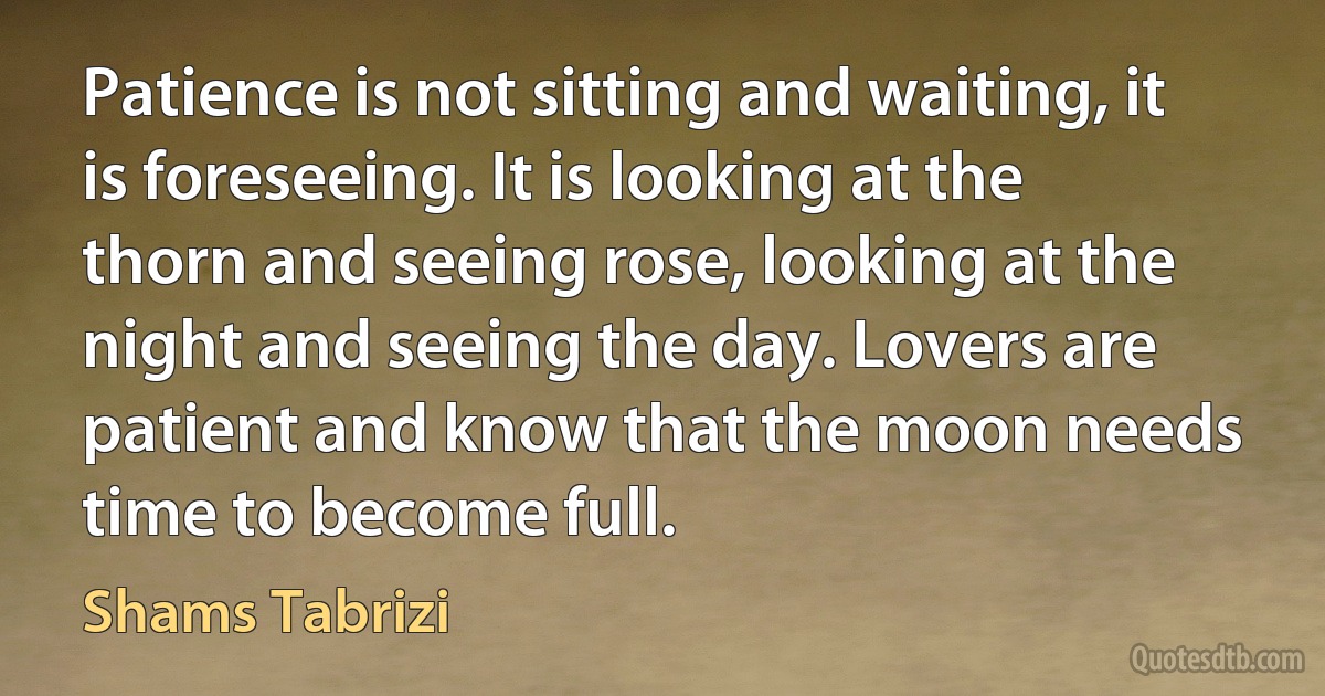 Patience is not sitting and waiting, it is foreseeing. It is looking at the thorn and seeing rose, looking at the night and seeing the day. Lovers are patient and know that the moon needs time to become full. (Shams Tabrizi)