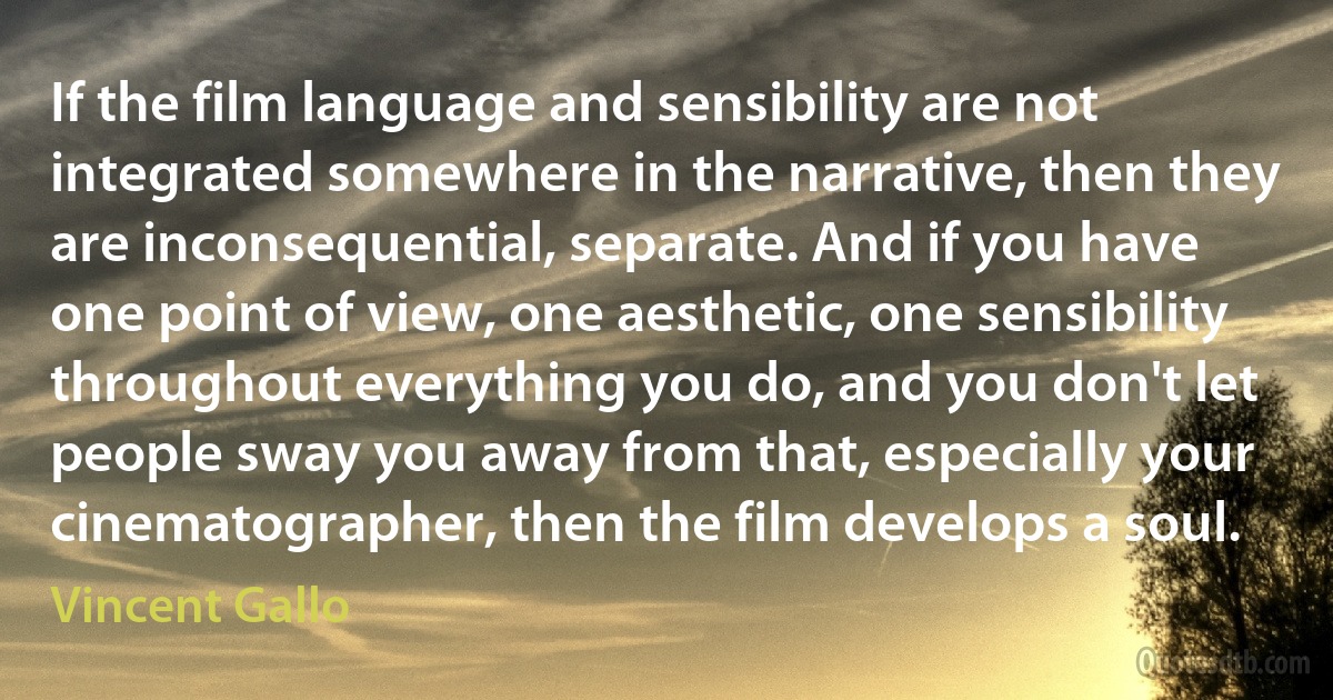 If the film language and sensibility are not integrated somewhere in the narrative, then they are inconsequential, separate. And if you have one point of view, one aesthetic, one sensibility throughout everything you do, and you don't let people sway you away from that, especially your cinematographer, then the film develops a soul. (Vincent Gallo)