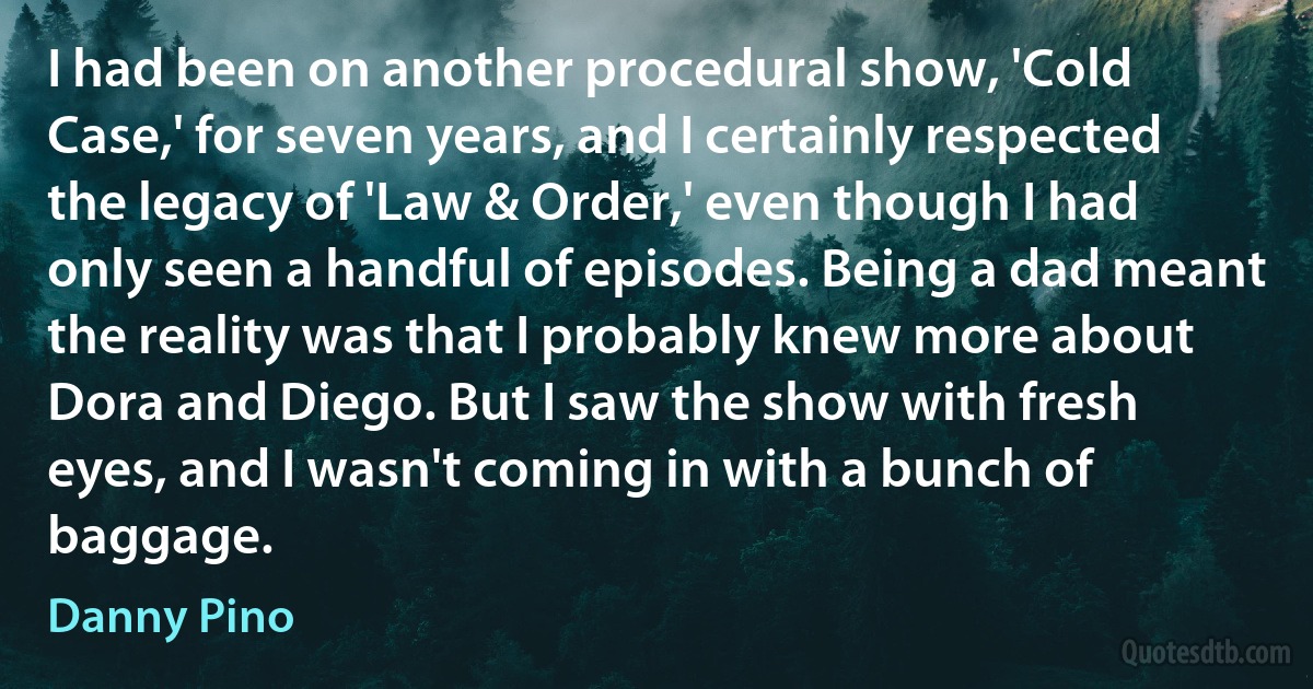 I had been on another procedural show, 'Cold Case,' for seven years, and I certainly respected the legacy of 'Law & Order,' even though I had only seen a handful of episodes. Being a dad meant the reality was that I probably knew more about Dora and Diego. But I saw the show with fresh eyes, and I wasn't coming in with a bunch of baggage. (Danny Pino)