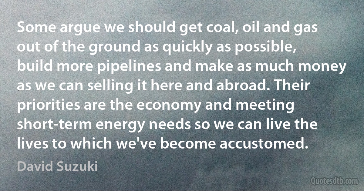 Some argue we should get coal, oil and gas out of the ground as quickly as possible, build more pipelines and make as much money as we can selling it here and abroad. Their priorities are the economy and meeting short-term energy needs so we can live the lives to which we've become accustomed. (David Suzuki)