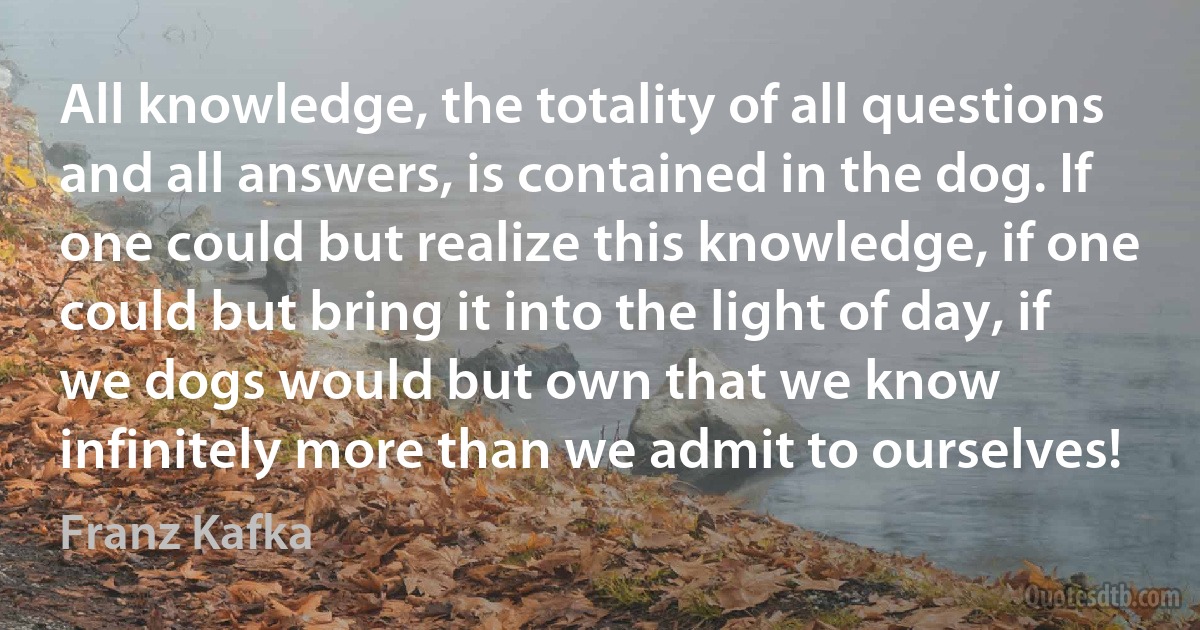 All knowledge, the totality of all questions and all answers, is contained in the dog. If one could but realize this knowledge, if one could but bring it into the light of day, if we dogs would but own that we know infinitely more than we admit to ourselves! (Franz Kafka)