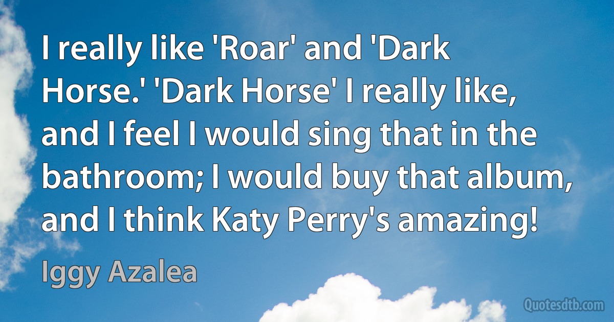 I really like 'Roar' and 'Dark Horse.' 'Dark Horse' I really like, and I feel I would sing that in the bathroom; I would buy that album, and I think Katy Perry's amazing! (Iggy Azalea)