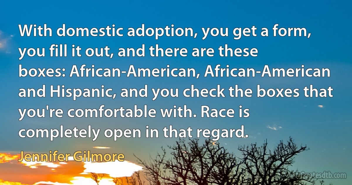 With domestic adoption, you get a form, you fill it out, and there are these boxes: African-American, African-American and Hispanic, and you check the boxes that you're comfortable with. Race is completely open in that regard. (Jennifer Gilmore)