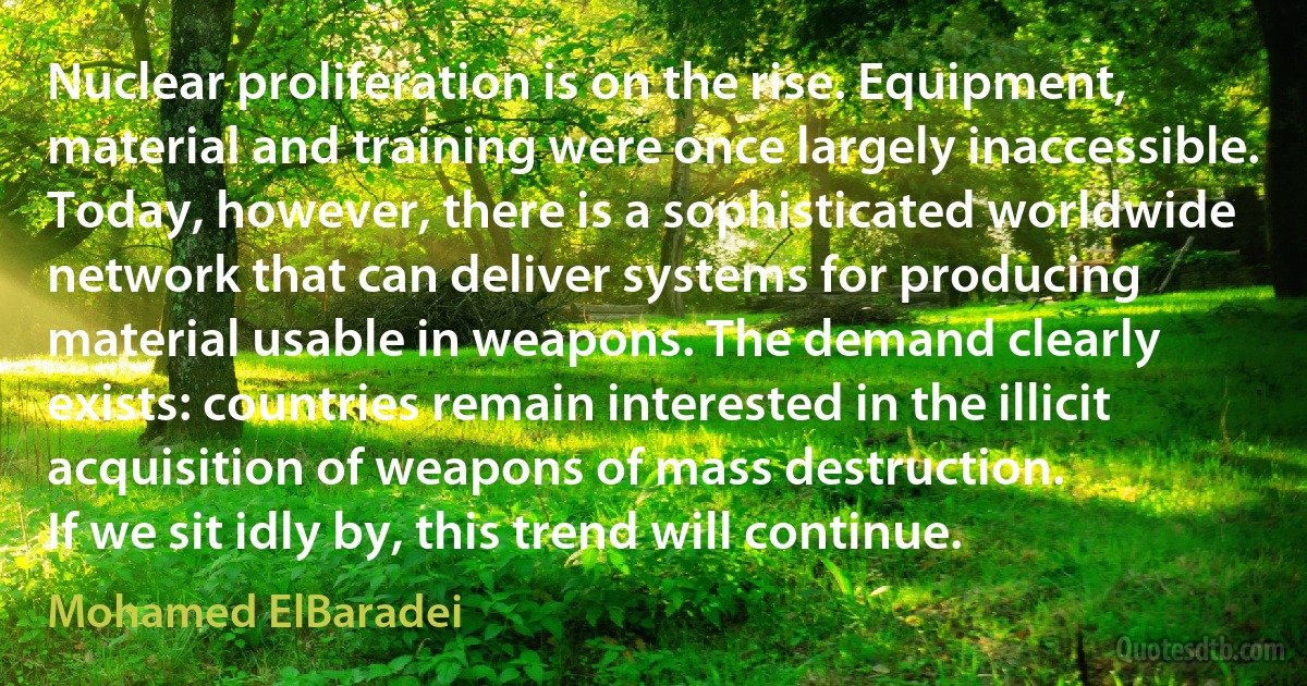 Nuclear proliferation is on the rise. Equipment, material and training were once largely inaccessible. Today, however, there is a sophisticated worldwide network that can deliver systems for producing material usable in weapons. The demand clearly exists: countries remain interested in the illicit acquisition of weapons of mass destruction.
If we sit idly by, this trend will continue. (Mohamed ElBaradei)