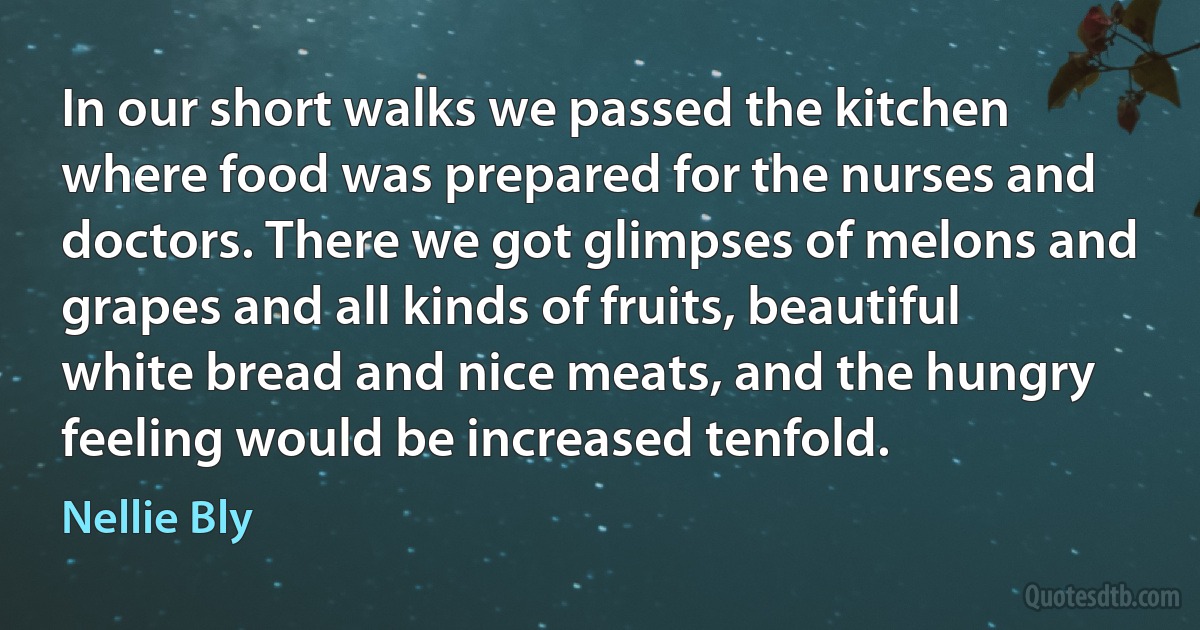 In our short walks we passed the kitchen where food was prepared for the nurses and doctors. There we got glimpses of melons and grapes and all kinds of fruits, beautiful white bread and nice meats, and the hungry feeling would be increased tenfold. (Nellie Bly)