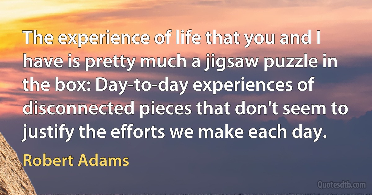 The experience of life that you and I have is pretty much a jigsaw puzzle in the box: Day-to-day experiences of disconnected pieces that don't seem to justify the efforts we make each day. (Robert Adams)