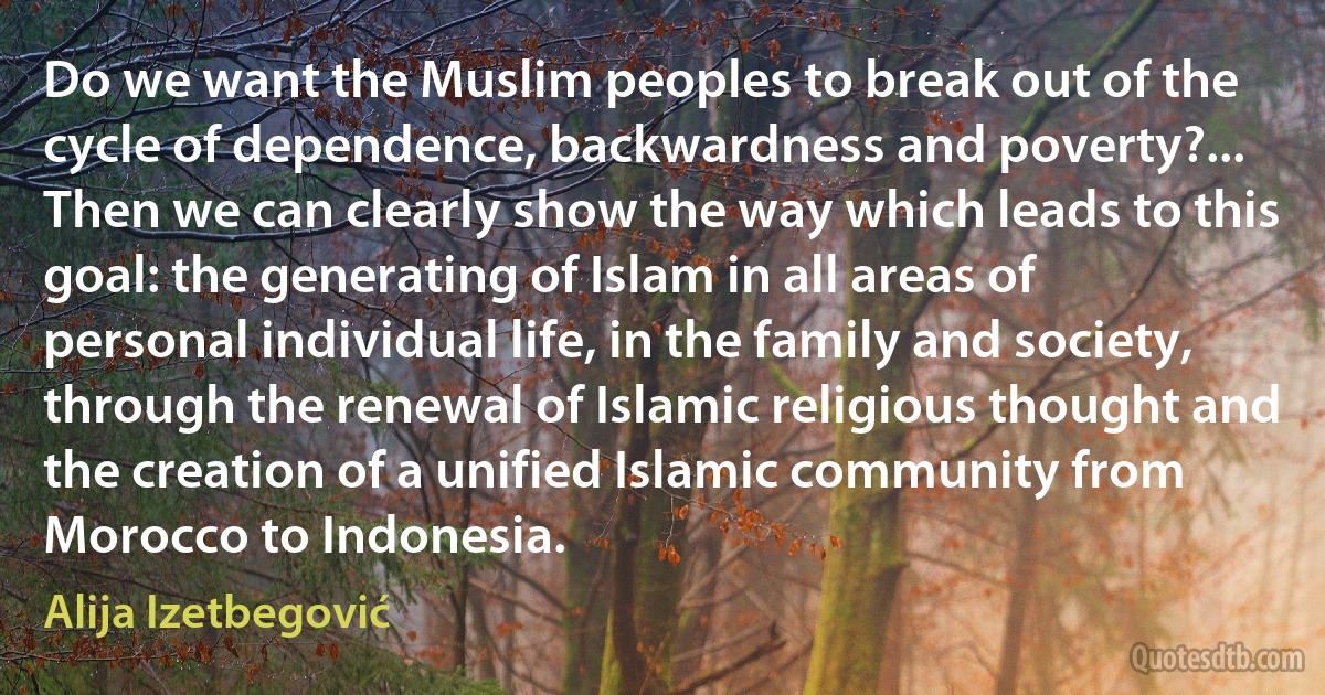 Do we want the Muslim peoples to break out of the cycle of dependence, backwardness and poverty?... Then we can clearly show the way which leads to this goal: the generating of Islam in all areas of personal individual life, in the family and society, through the renewal of Islamic religious thought and the creation of a unified Islamic community from Morocco to Indonesia. (Alija Izetbegović)