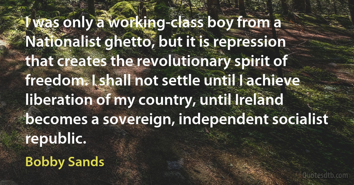 I was only a working-class boy from a Nationalist ghetto, but it is repression that creates the revolutionary spirit of freedom. I shall not settle until I achieve liberation of my country, until Ireland becomes a sovereign, independent socialist republic. (Bobby Sands)