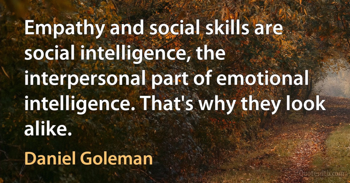 Empathy and social skills are social intelligence, the interpersonal part of emotional intelligence. That's why they look alike. (Daniel Goleman)