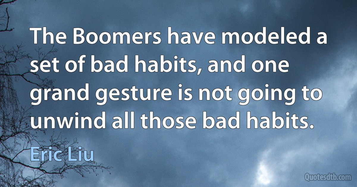 The Boomers have modeled a set of bad habits, and one grand gesture is not going to unwind all those bad habits. (Eric Liu)