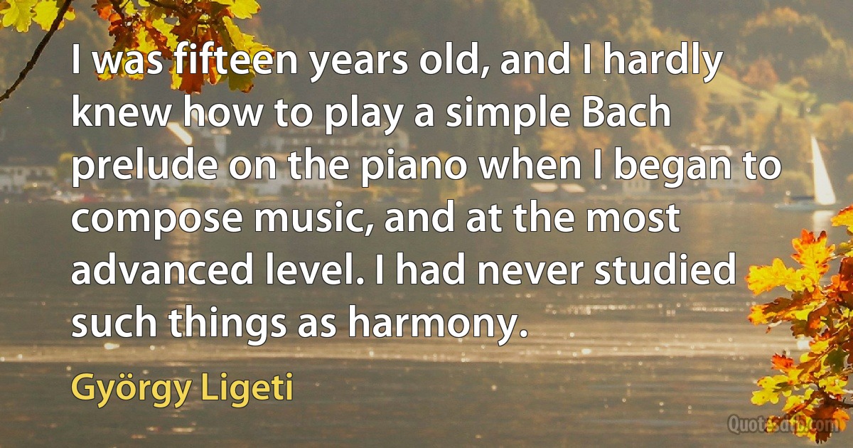 I was fifteen years old, and I hardly knew how to play a simple Bach prelude on the piano when I began to compose music, and at the most advanced level. I had never studied such things as harmony. (György Ligeti)