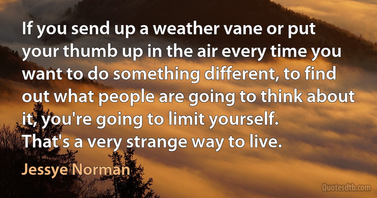 If you send up a weather vane or put your thumb up in the air every time you want to do something different, to find out what people are going to think about it, you're going to limit yourself. That's a very strange way to live. (Jessye Norman)