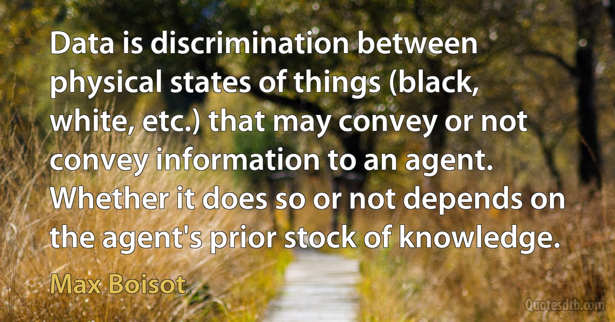 Data is discrimination between physical states of things (black, white, etc.) that may convey or not convey information to an agent. Whether it does so or not depends on the agent's prior stock of knowledge. (Max Boisot)