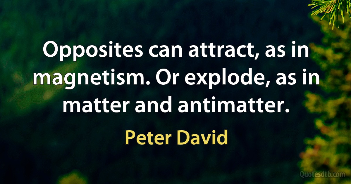 Opposites can attract, as in magnetism. Or explode, as in matter and antimatter. (Peter David)