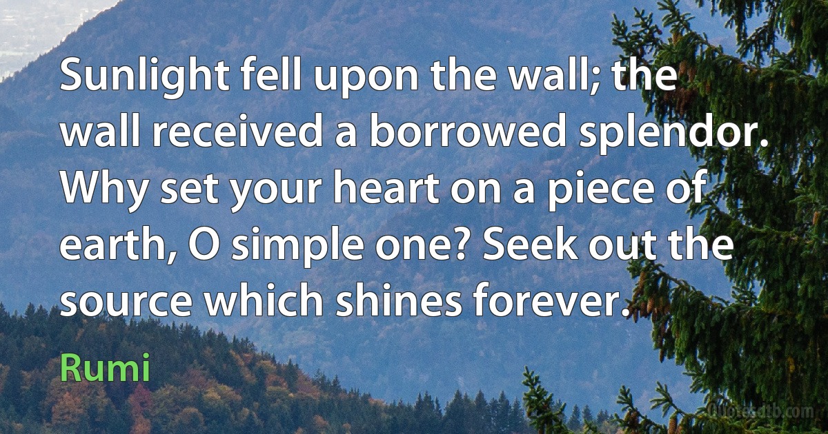 Sunlight fell upon the wall; the wall received a borrowed splendor. Why set your heart on a piece of earth, O simple one? Seek out the source which shines forever. (Rumi)