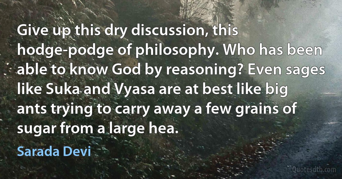 Give up this dry discussion, this hodge-podge of philosophy. Who has been able to know God by reasoning? Even sages like Suka and Vyasa are at best like big ants trying to carry away a few grains of sugar from a large hea. (Sarada Devi)