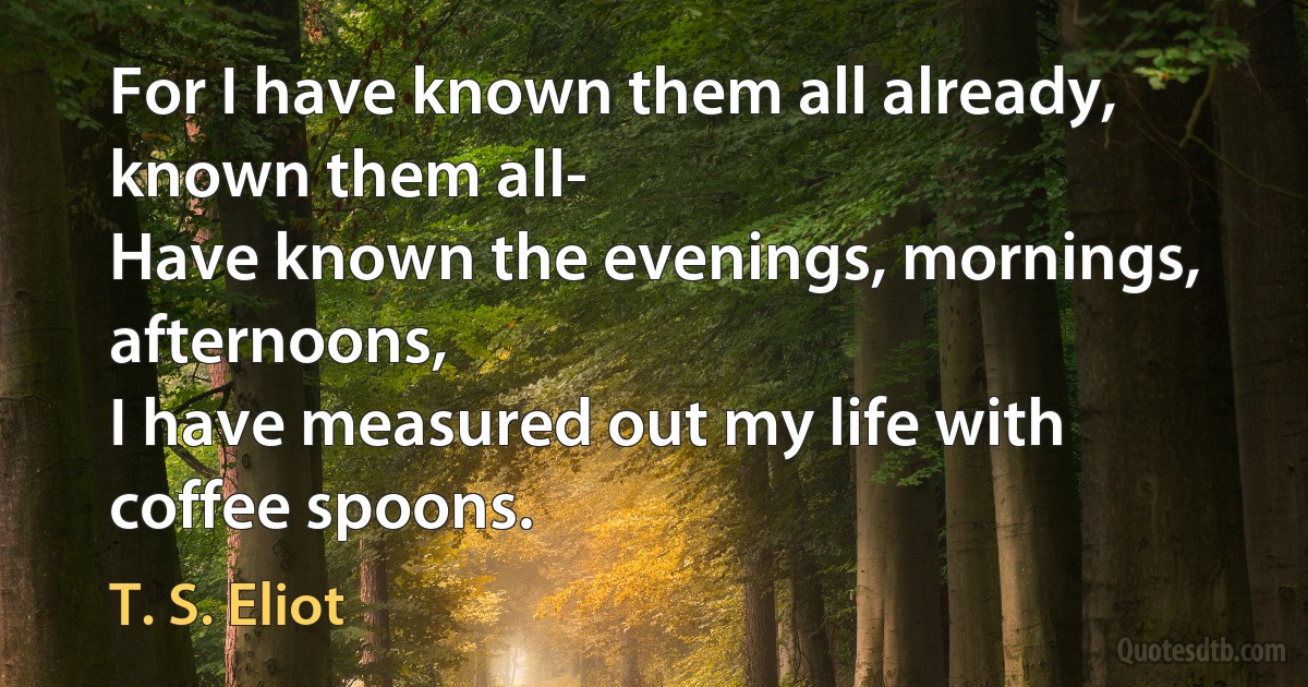 For I have known them all already, known them all-
Have known the evenings, mornings, afternoons,
I have measured out my life with coffee spoons. (T. S. Eliot)