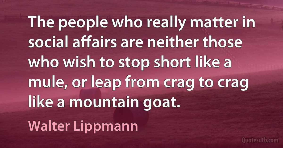 The people who really matter in social affairs are neither those who wish to stop short like a mule, or leap from crag to crag like a mountain goat. (Walter Lippmann)