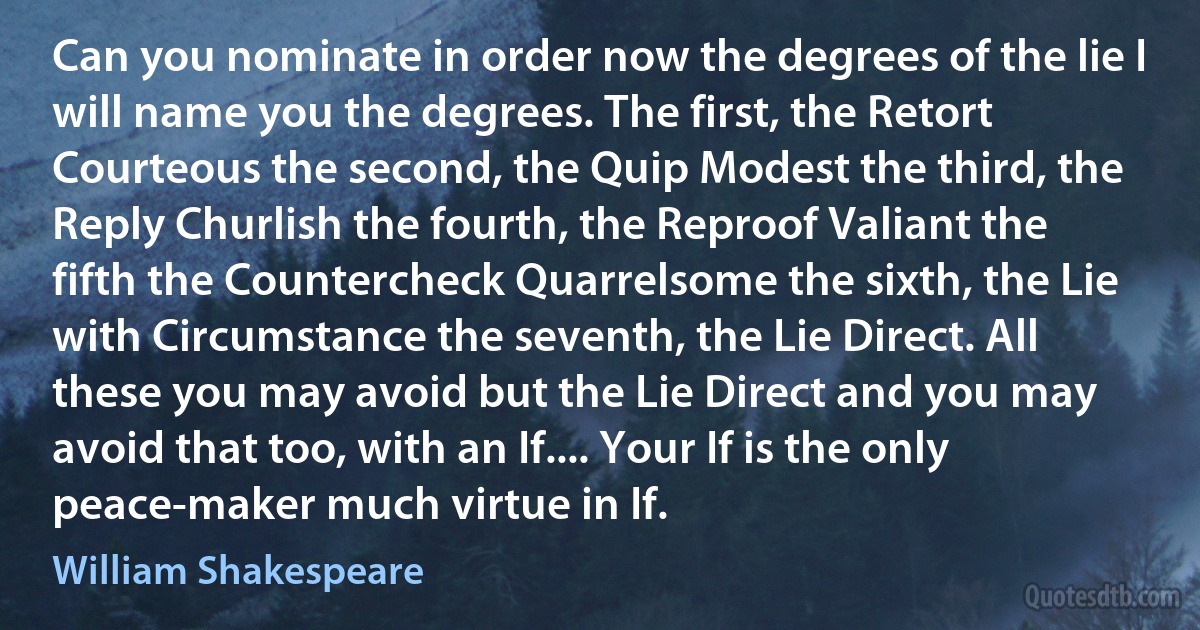 Can you nominate in order now the degrees of the lie I will name you the degrees. The first, the Retort Courteous the second, the Quip Modest the third, the Reply Churlish the fourth, the Reproof Valiant the fifth the Countercheck Quarrelsome the sixth, the Lie with Circumstance the seventh, the Lie Direct. All these you may avoid but the Lie Direct and you may avoid that too, with an If.... Your If is the only peace-maker much virtue in If. (William Shakespeare)