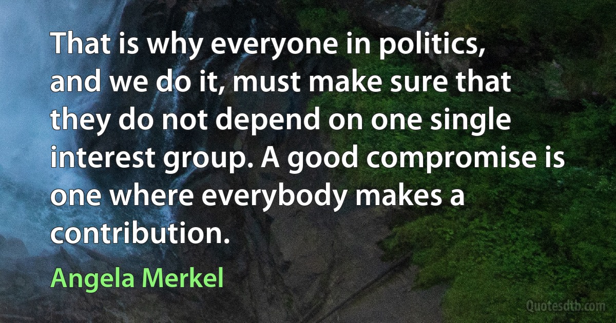 That is why everyone in politics, and we do it, must make sure that they do not depend on one single interest group. A good compromise is one where everybody makes a contribution. (Angela Merkel)