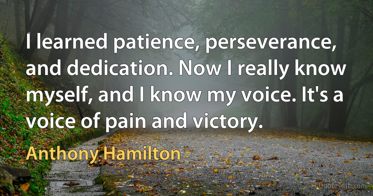 I learned patience, perseverance, and dedication. Now I really know myself, and I know my voice. It's a voice of pain and victory. (Anthony Hamilton)