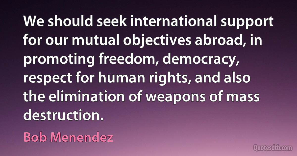 We should seek international support for our mutual objectives abroad, in promoting freedom, democracy, respect for human rights, and also the elimination of weapons of mass destruction. (Bob Menendez)