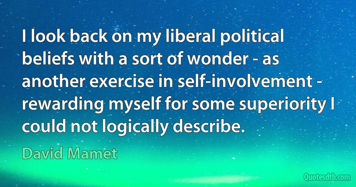 I look back on my liberal political beliefs with a sort of wonder - as another exercise in self-involvement - rewarding myself for some superiority I could not logically describe. (David Mamet)