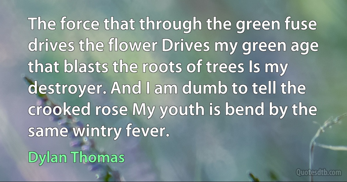 The force that through the green fuse drives the flower Drives my green age that blasts the roots of trees Is my destroyer. And I am dumb to tell the crooked rose My youth is bend by the same wintry fever. (Dylan Thomas)